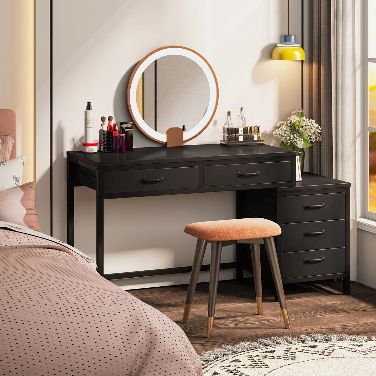 Bureau d'ordinateur réversible avec 5 tiroirs, bureau de travail à domicile avec caisson de rangement pour dossiers et support pour imprimante