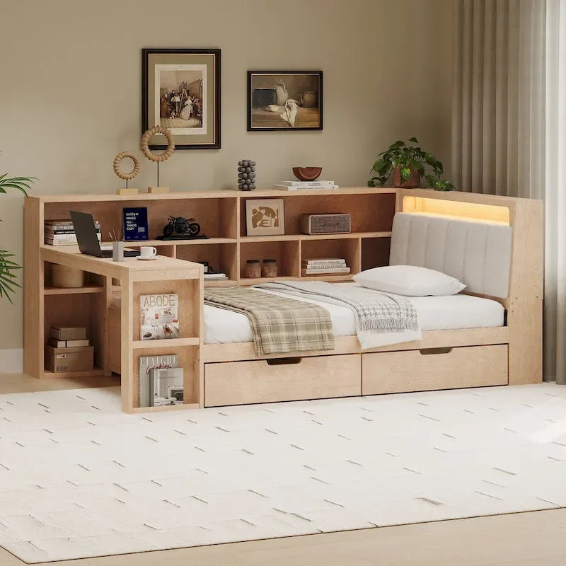 Canapé-lit en bois en L avec bureau, bibliothèque avec placard, lit d’angle avec tiroirs sous le lit, tête de lit rembourrée avec éclairage intégré