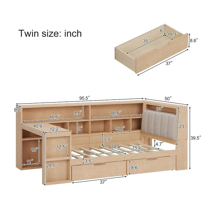 Canapé-lit en bois en L avec bureau, bibliothèque avec placard, lit d’angle avec tiroirs sous le lit, tête de lit rembourrée avec éclairage intégré
