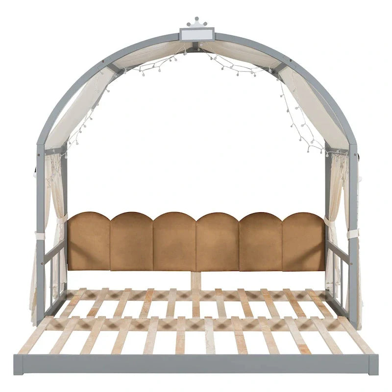 Lit plateforme Montessori au sol en bois massif, style maisonnette avec toit arqué et lit gigogne, pour filles et garçons