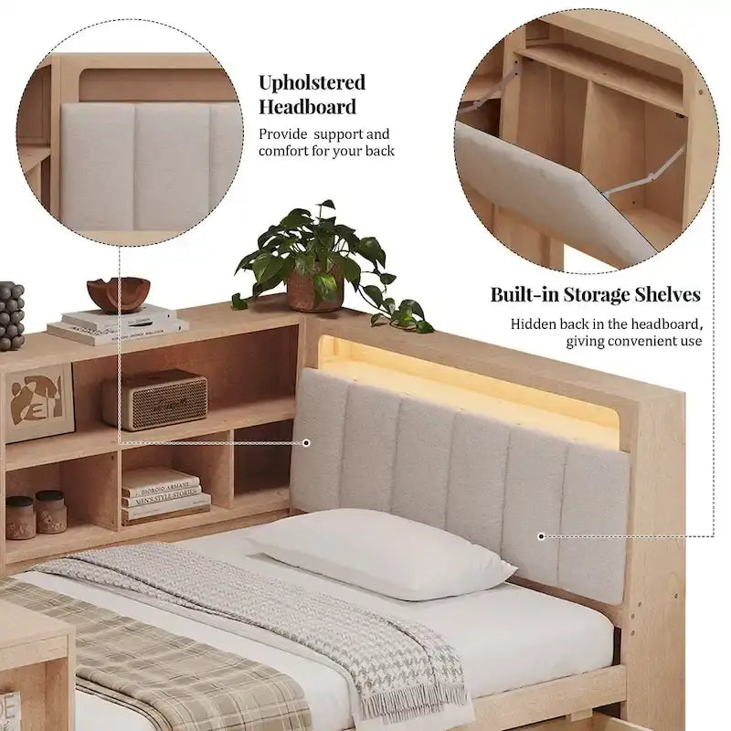 Canapé-lit en bois en L avec bureau, bibliothèque avec placard, lit d’angle avec tiroirs sous le lit, tête de lit rembourrée avec éclairage intégré