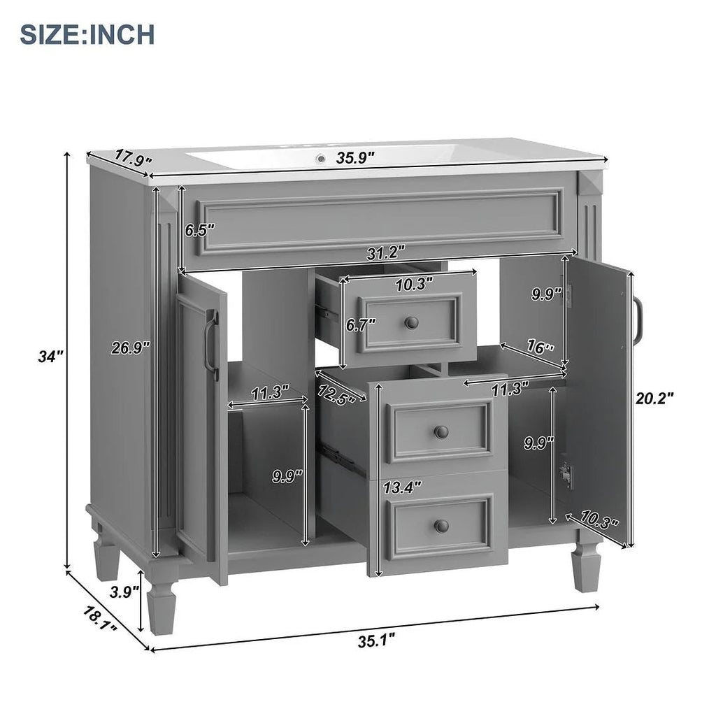 Meuble-lavabo de salle de bain moderne de 91 cm avec lavabo et armoire de toilette, 2 portes et 2 tiroirs