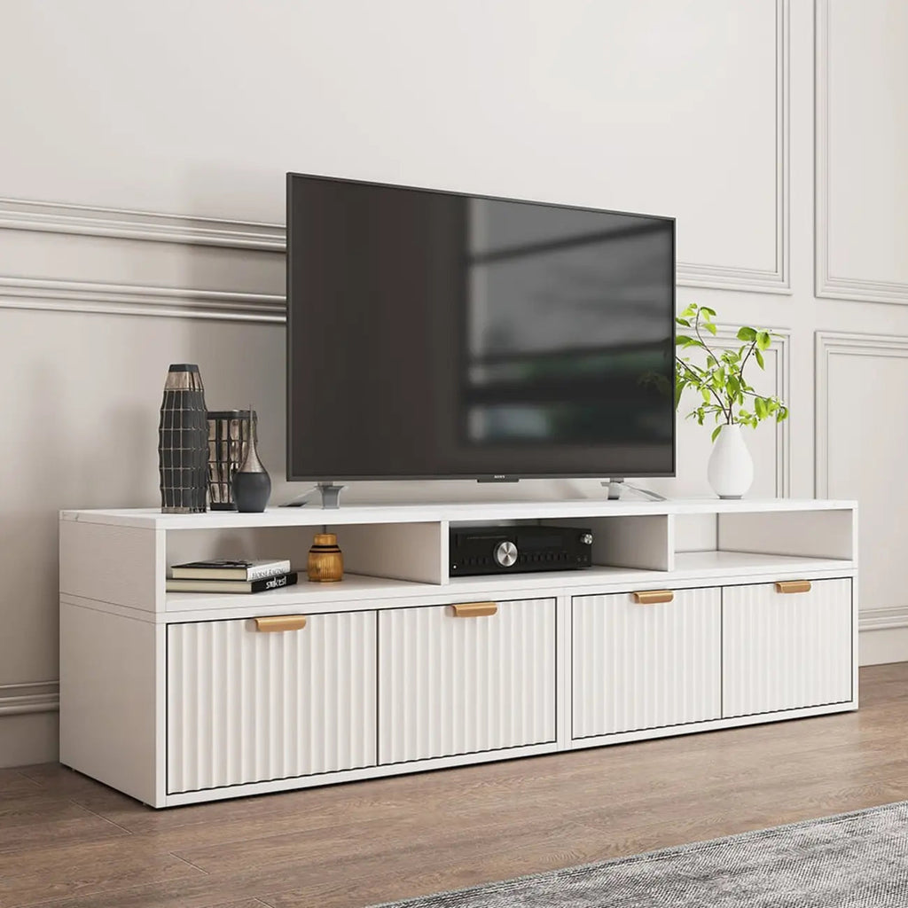 Meuble TV d'angle moderne blanc avec 2 tiroirs et rangement ouvert
