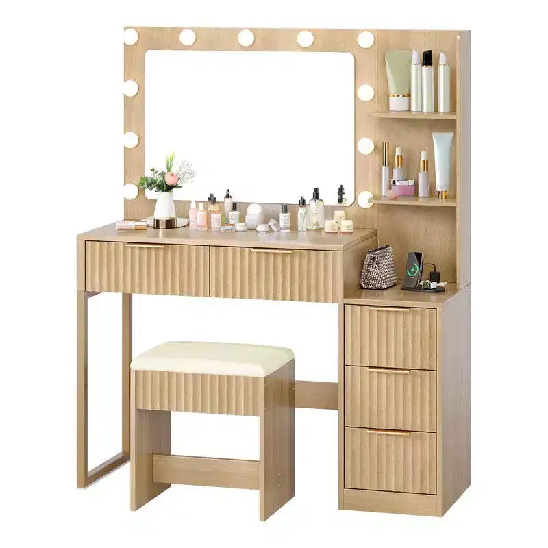 Panneau de particules blanc plaqué mélamine texturée, étagère à 2 niveaux et 5 tiroirs, avec 11 ampoules tricolores à intensité variable, ensemble coiffeuse
