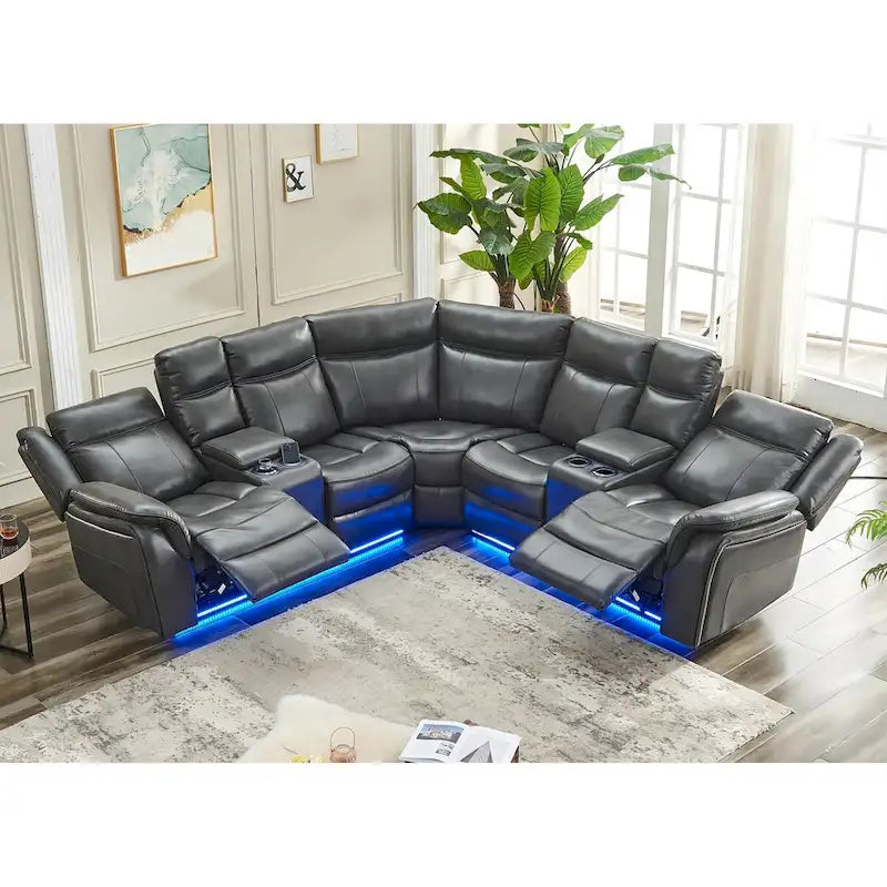 Canapé d'angle inclinable électrique avec lumières LED, fauteuil inclinable en similicuir, porte-gobelets en forme de L, port USB pour salon noir