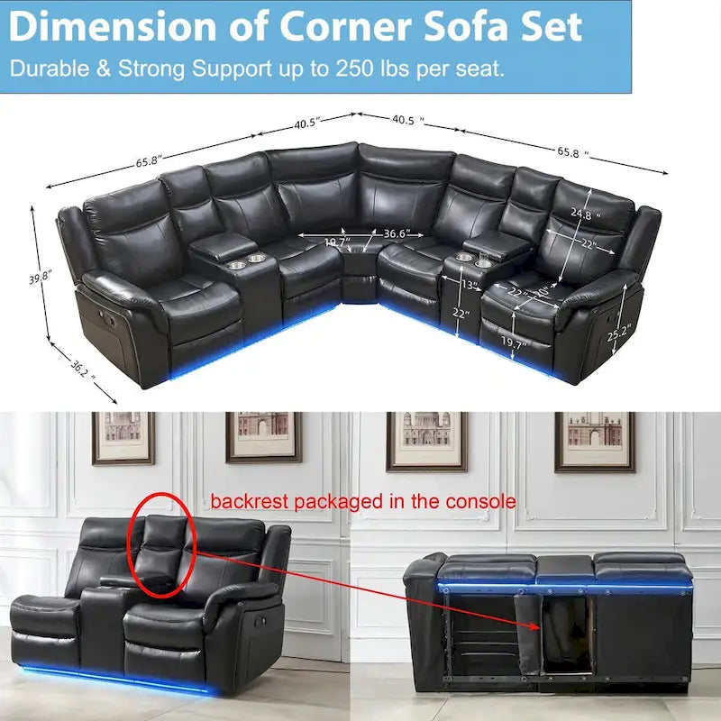 Canapé d'angle inclinable électrique avec lumières LED, fauteuil inclinable en similicuir, porte-gobelets en forme de L, port USB pour salon noir