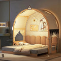 Lit plateforme Montessori au sol en bois massif, style maisonnette avec toit arqué et lit gigogne, pour filles et garçons