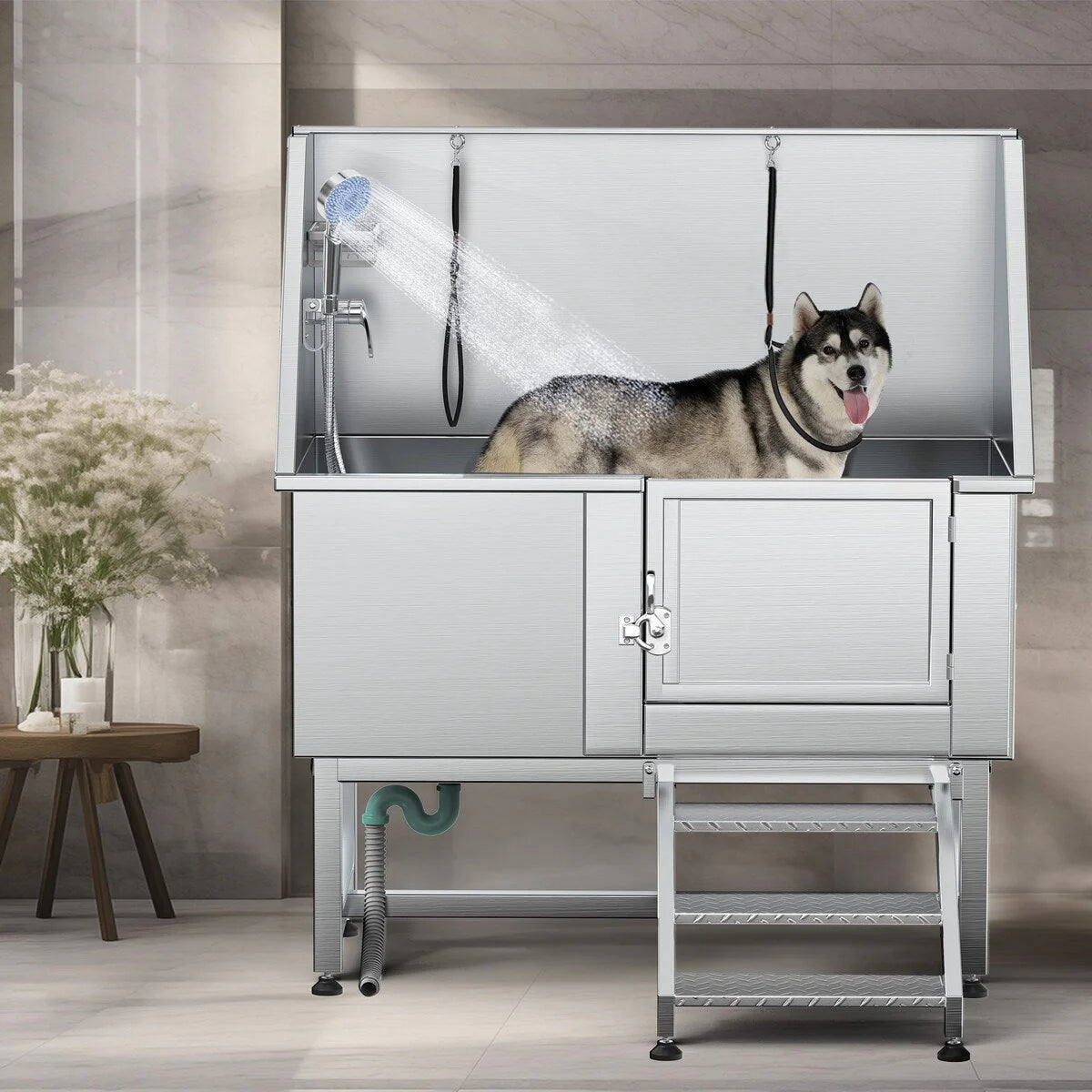 Baignoire de toilettage pour animaux de compagnie de 50 pouces de largeur en acier inoxydable avec rampe d'accès