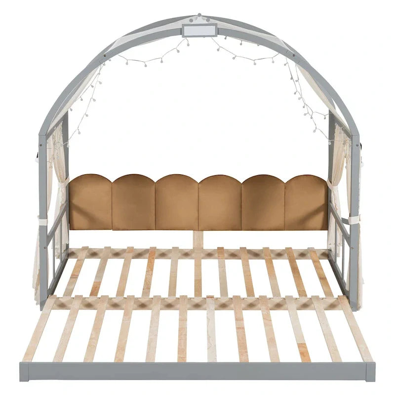 Lit plateforme Montessori au sol en bois massif, style maisonnette avec toit arqué et lit gigogne, pour filles et garçons