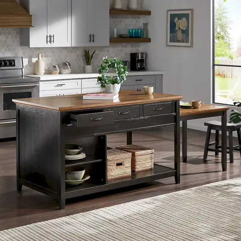 Îlot de cuisine extensible Eleanor bicolore avec finition antique et 3 tiroirs par iNSPIRE Q Classic