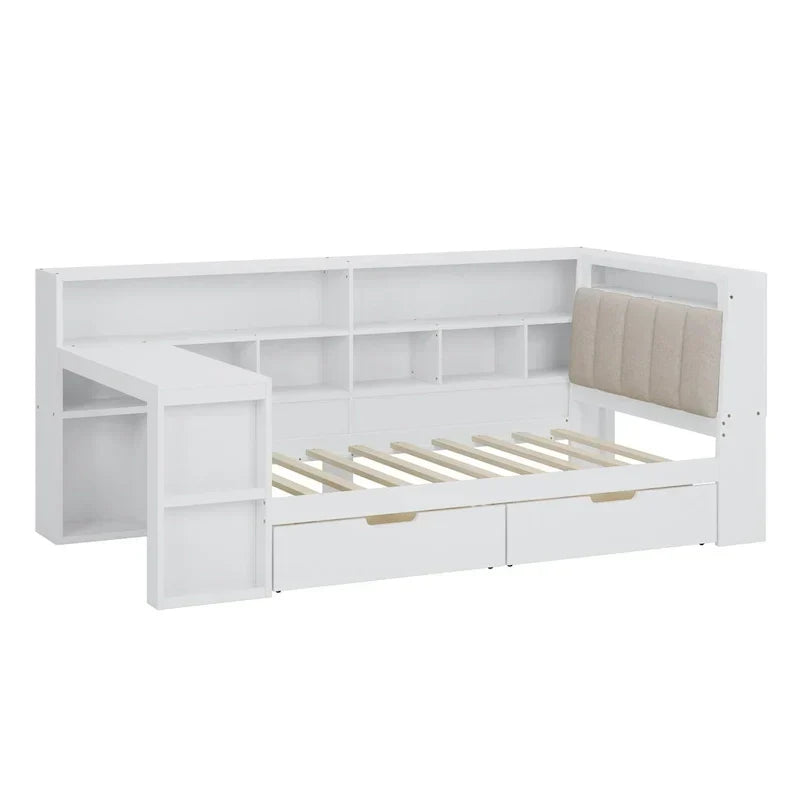 Canapé-lit en bois en L avec bureau, bibliothèque avec placard, lit d’angle avec tiroirs sous le lit, tête de lit rembourrée avec éclairage intégré