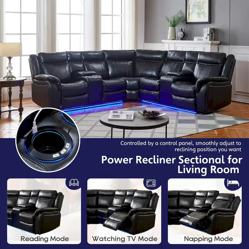 Canapé d'angle inclinable électrique avec lumières LED, fauteuil inclinable en similicuir, porte-gobelets en forme de L, port USB pour salon noir