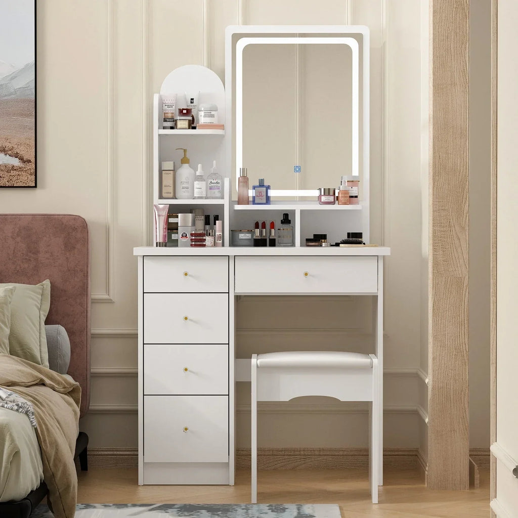Coiffeuse avec miroir, éclairage LED et tabouret
