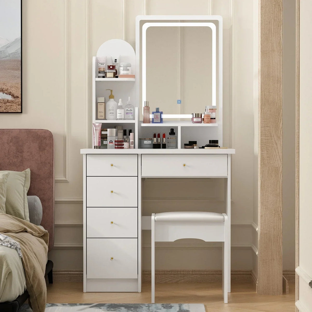 Coiffeuse avec miroir, éclairage LED et tabouret