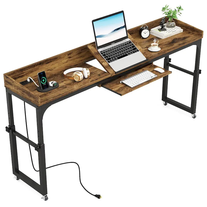 Table de chevet réglable en hauteur avec roulettes, chariot mobile pour ordinateur portable avec prises et ports USB
