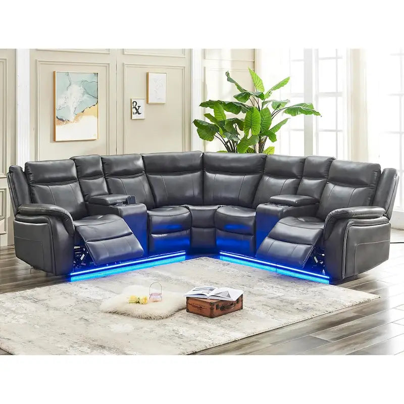 Canapé d'angle inclinable électrique avec lumières LED, fauteuil inclinable en similicuir, porte-gobelets en forme de L, port USB pour salon noir