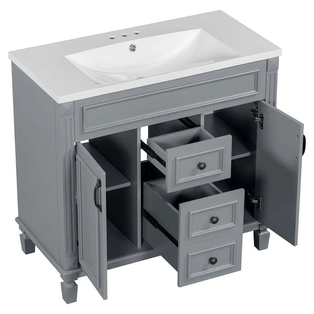 Meuble-lavabo de salle de bain moderne de 91 cm avec lavabo et armoire de toilette, 2 portes et 2 tiroirs