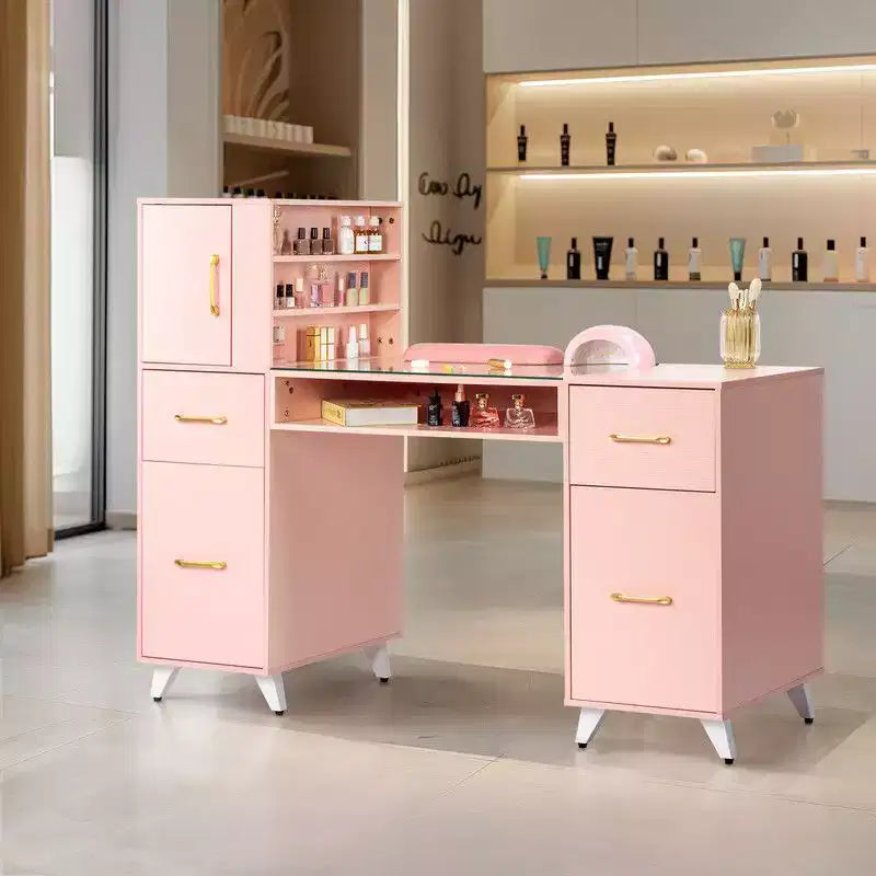 Bureau de manucure moderne noir/rose avec plateau en verre et repose-poignet, poste unique