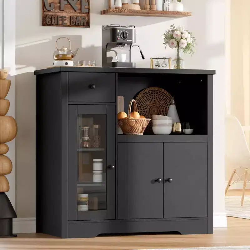 Meuble de cuisine pour micro-ondes, blanc et noyer - Buffet de rangement à 3 portes avec étagères réglables pour salle à manger, salon et couloir