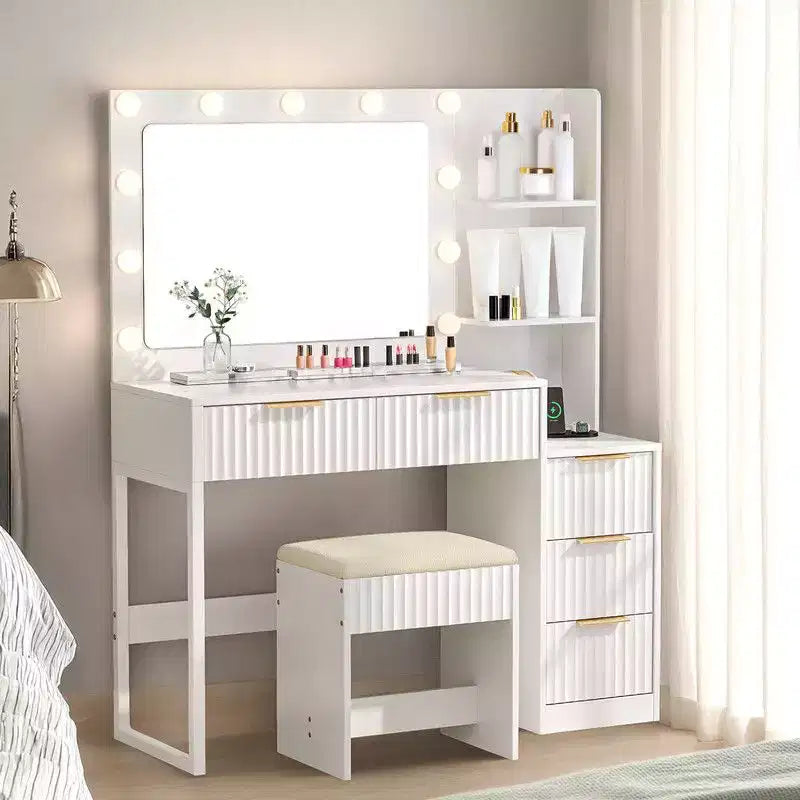 Panneau de particules blanc plaqué mélamine texturée, étagère à 2 niveaux et 5 tiroirs, avec 11 ampoules tricolores à intensité variable, ensemble coiffeuse
