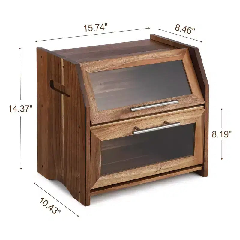 Boîte à pain, double couche, en bois d'acacia, avec panneau de porte en acrylique transparent, aérations, conteneur à pain de comptoir, porte-pain marron rustique