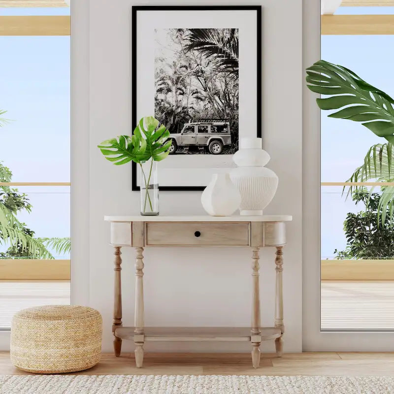 Table console avec plateau en marbre â€?Marron clair / gris / noir délavé, demi-lune, montage par une personne