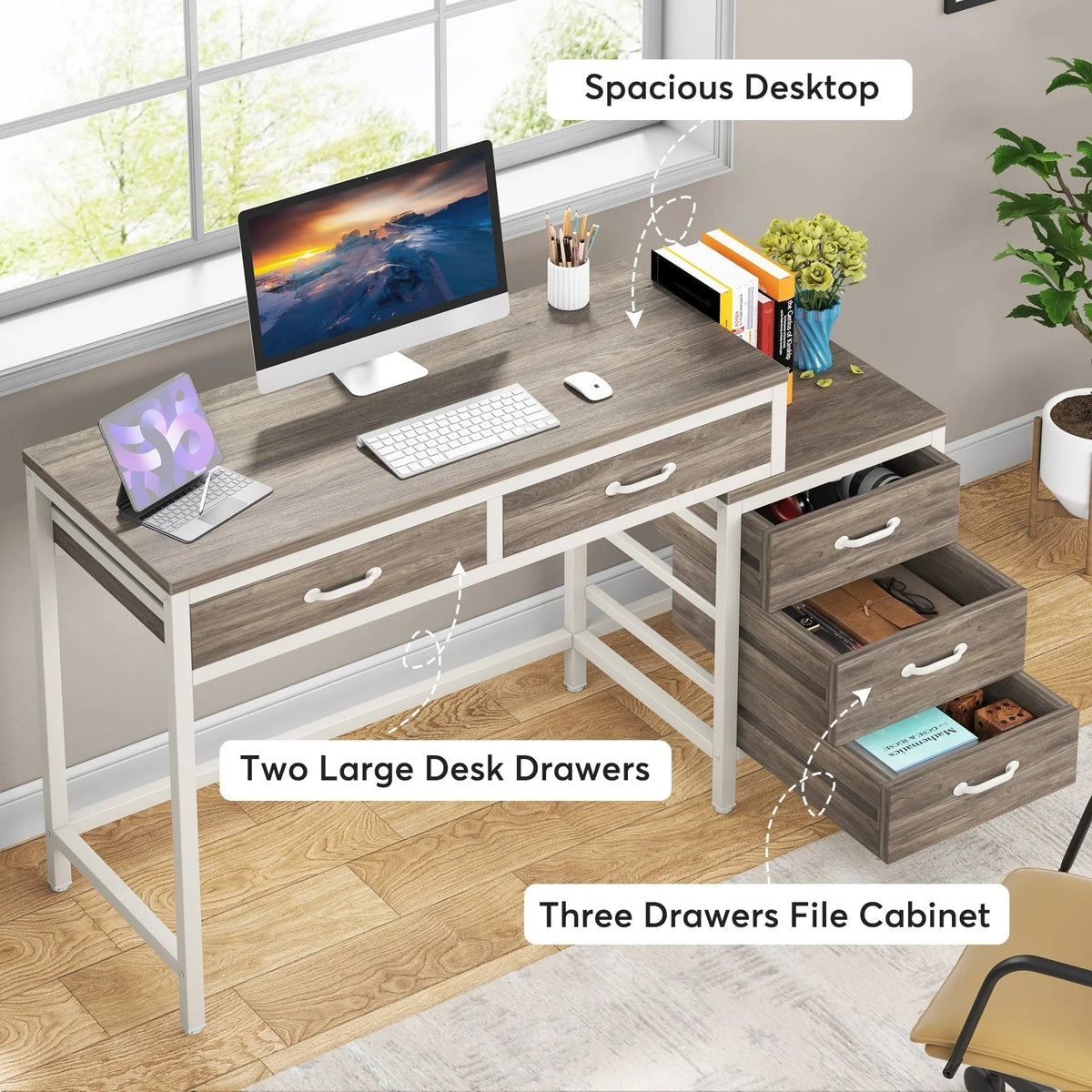Bureau d'ordinateur réversible avec 5 tiroirs, bureau de travail à domicile avec caisson de rangement pour dossiers et support pour imprimante