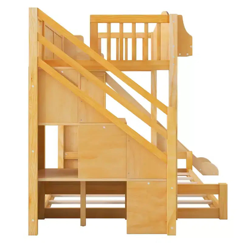 Lit superposé avec lit simple au-dessus et lit double en dessous, toboggan, étagères, escalier de rangement et armoire pour chambre d’enfant