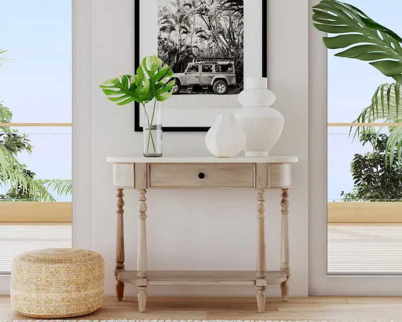 Table console avec plateau en marbre â€?Marron clair / gris / noir délavé, demi-lune, montage par une personne