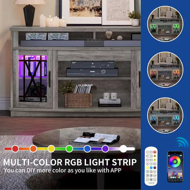 Meuble TV haut 2 portes avec lumières LED Moasis de 59 pouces pour téléviseurs jusqu'à 70 pouces