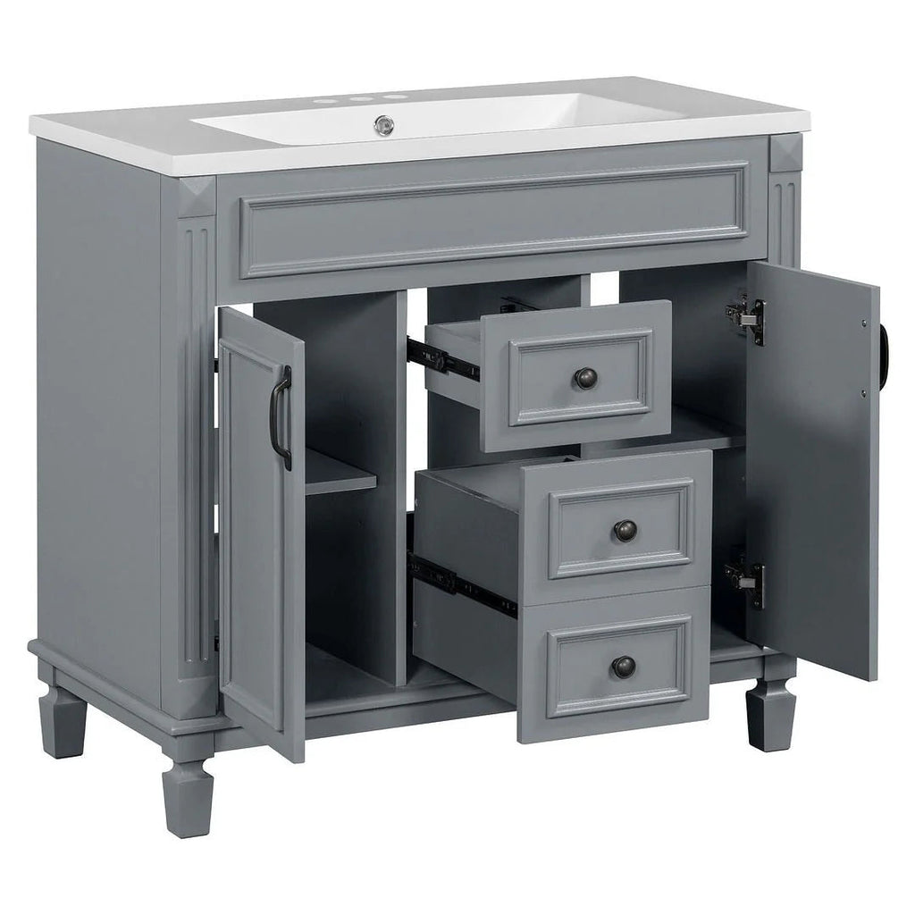 Meuble-lavabo de salle de bain moderne de 91 cm avec lavabo et armoire de toilette, 2 portes et 2 tiroirs