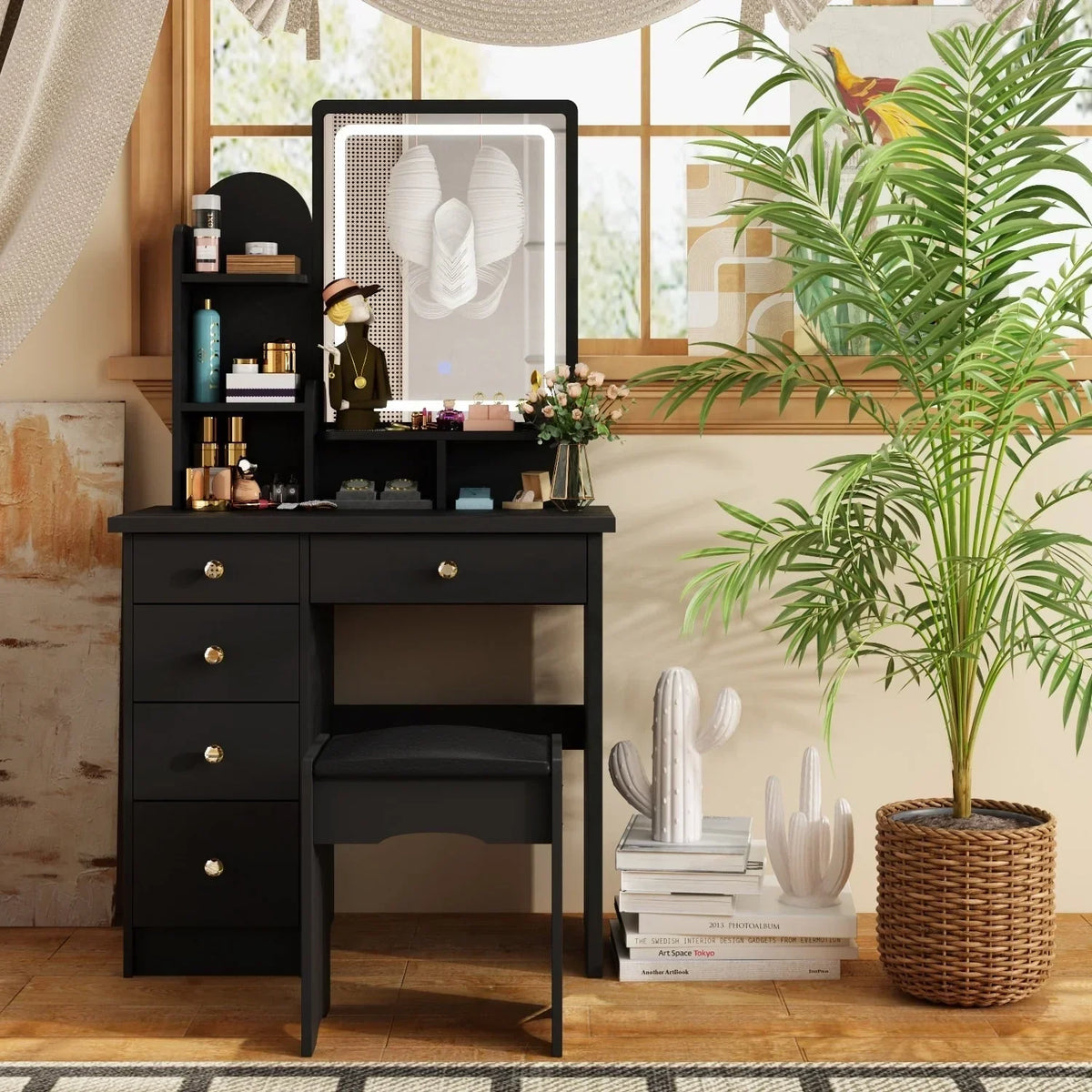 Coiffeuse avec miroir, éclairage LED et tabouret