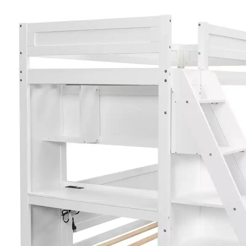 Lit superposé simple XL sur double avec bureau et USB, en bois massif avec étagères latérales et rangement sous le lit