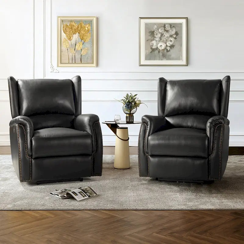 Fauteuil inclinable électrique en cuir véritable avec port USB – Ensemble de 2 fauteuils à oreilles cloutés