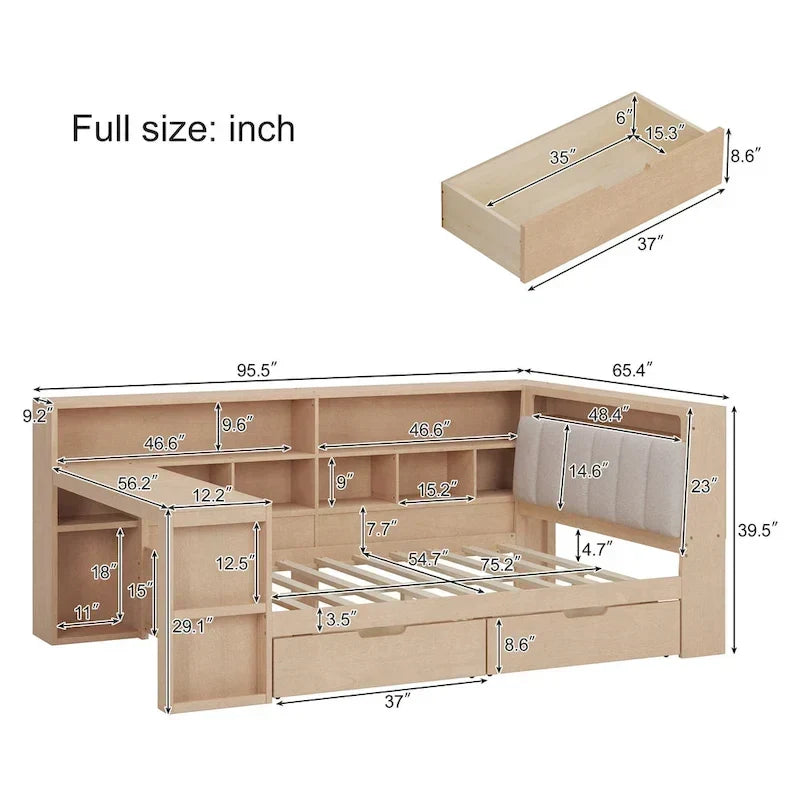 Canapé-lit en bois en L avec bureau, bibliothèque avec placard, lit d’angle avec tiroirs sous le lit, tête de lit rembourrée avec éclairage intégré
