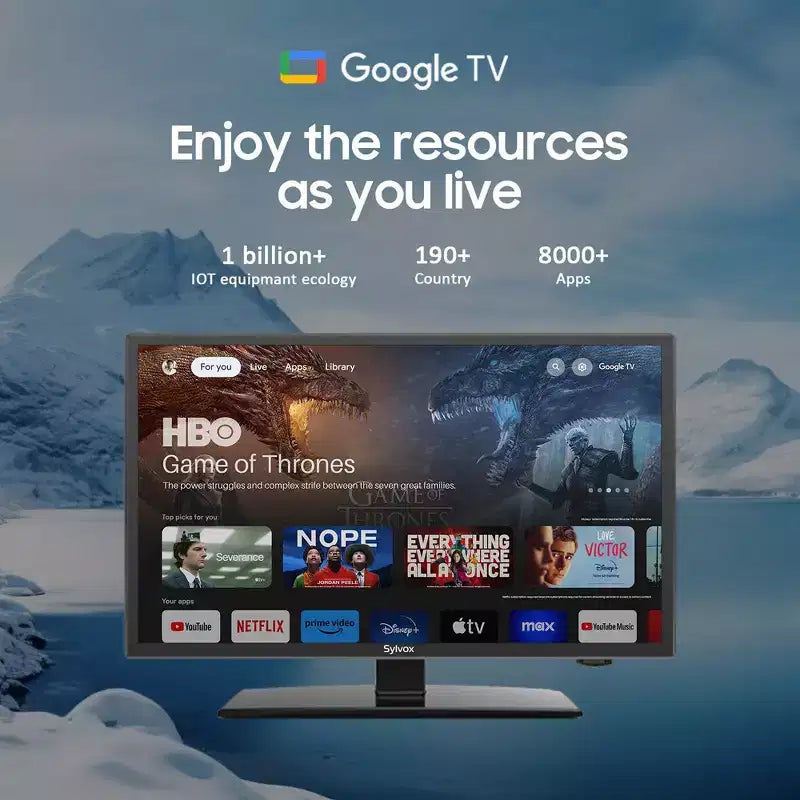 Téléviseur intelligent SYLVOX pour camping-car, téléviseur 12 volts de 24 pouces pour camping-car, le tout dernier Google TV avec Google Assistant, petit téléviseur intelligent Full HD 1080p alimenté en courant continu/alternatif (série Vechiel)