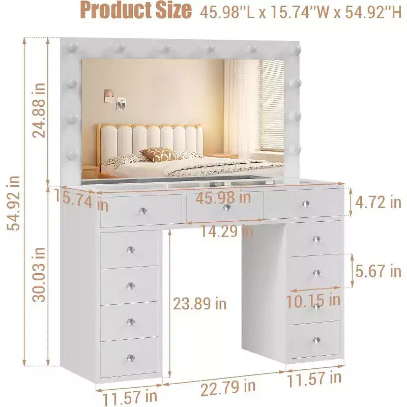 Coiffeuse avec prise de courant et miroir éclairé à 12 LED - 11 tiroirs 45 Coiffeuse de maquillage avec plateau en verre et 3 modes d'éclairage