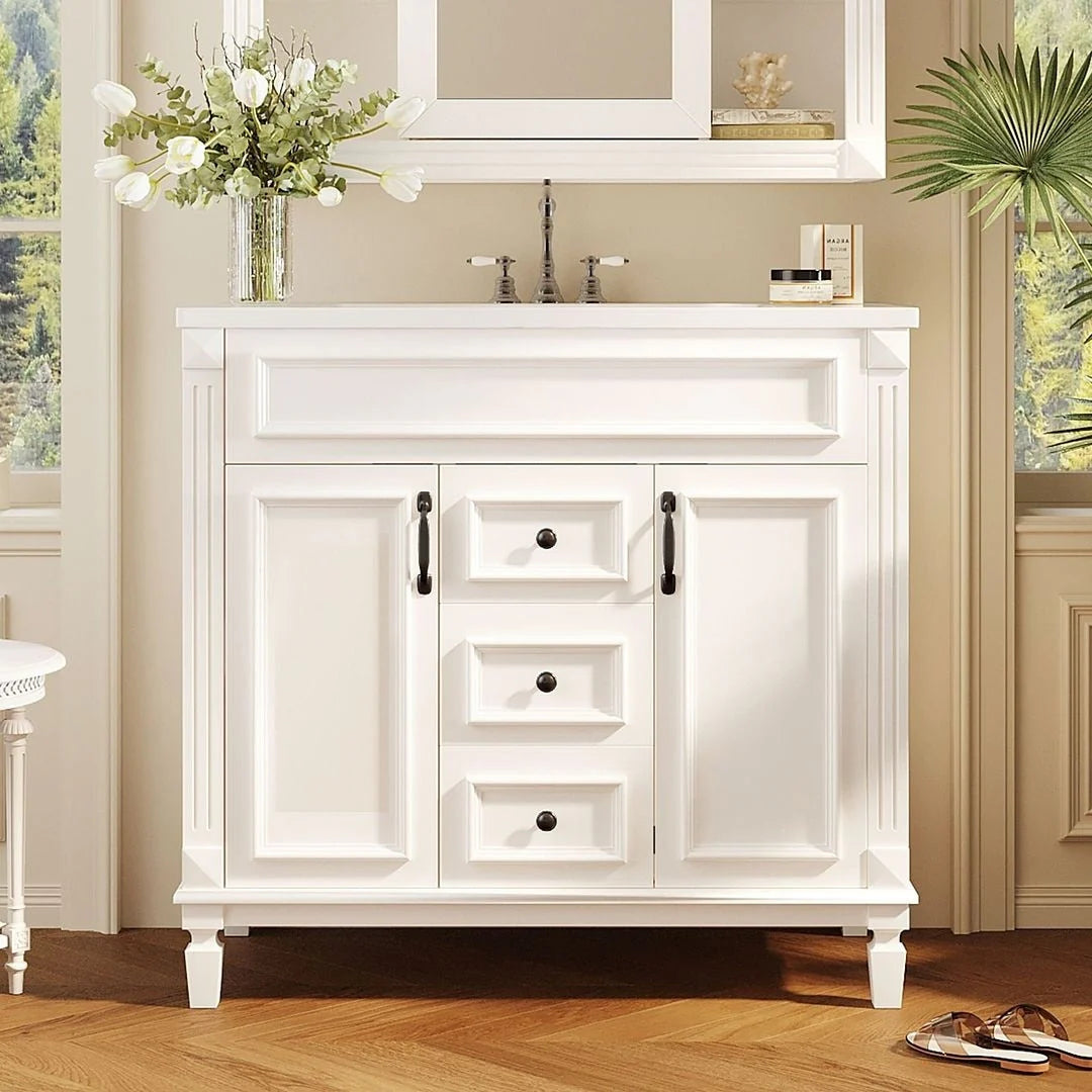 Meuble-lavabo de salle de bain moderne de 91 cm avec lavabo et armoire de toilette, 2 portes et 2 tiroirs