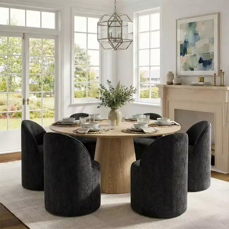 Ensemble de salle à manger moderne pour 6 personnes, table à manger ronde avec pied central, chaises de salle à manger pivotantes à roulettes, tissu chenille texturé - Panipeachy