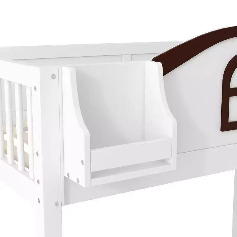 Lit superposé avec lit simple au-dessus et lit double en dessous, toboggan, étagères, escalier de rangement et armoire pour chambre d’enfant