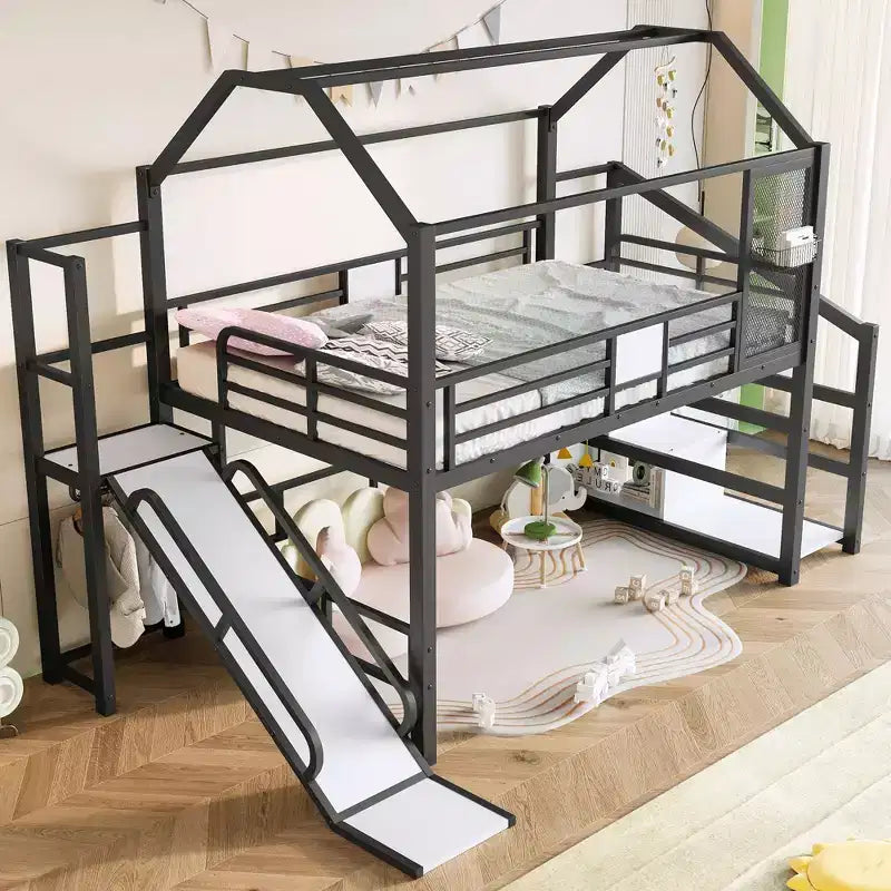 Lit mezzanine cabane avec toboggan et escalier de rangement - Cadre métallique pour enfants et adolescents