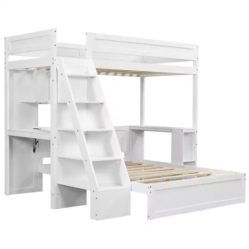 Lit superposé simple XL sur double avec bureau et USB, en bois massif avec étagères latérales et rangement sous le lit