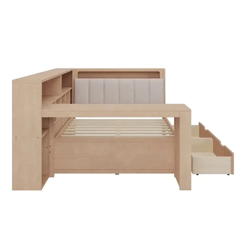 Canapé-lit en bois en L avec bureau, bibliothèque avec placard, lit d’angle avec tiroirs sous le lit, tête de lit rembourrée avec éclairage intégré
