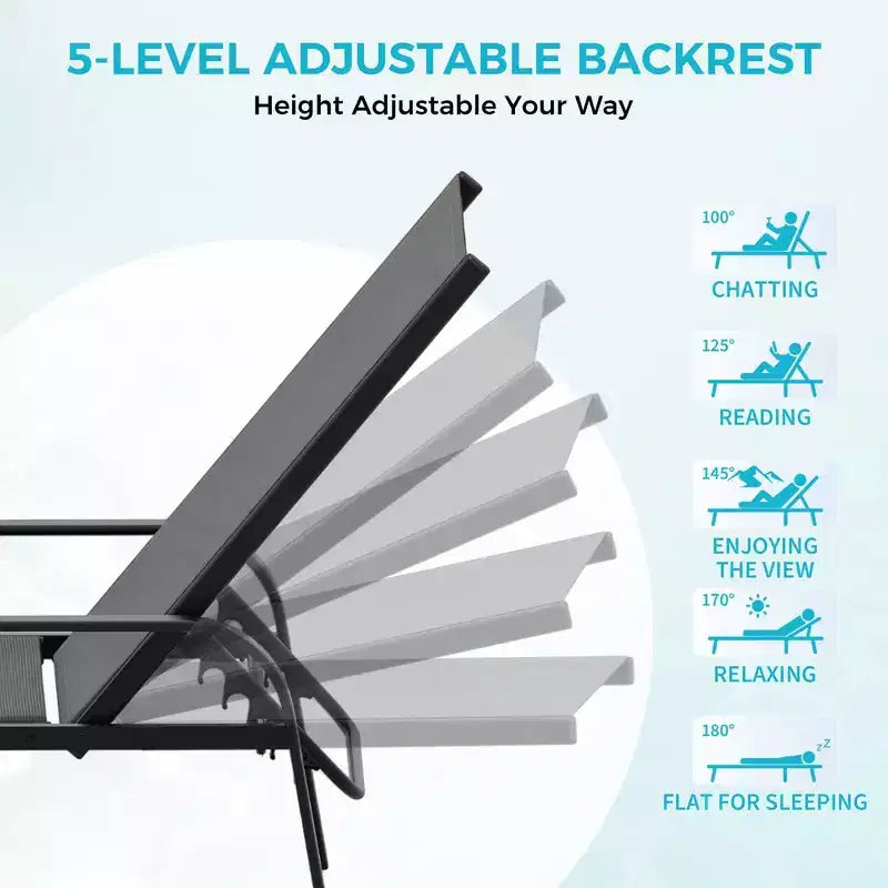Lot de 2 Chaises Longues de Jardin, Chaises Inclinables Réglables sur 5 Positions avec Tissu Textilène, Transats de Piscine pour Jardin et Balcon