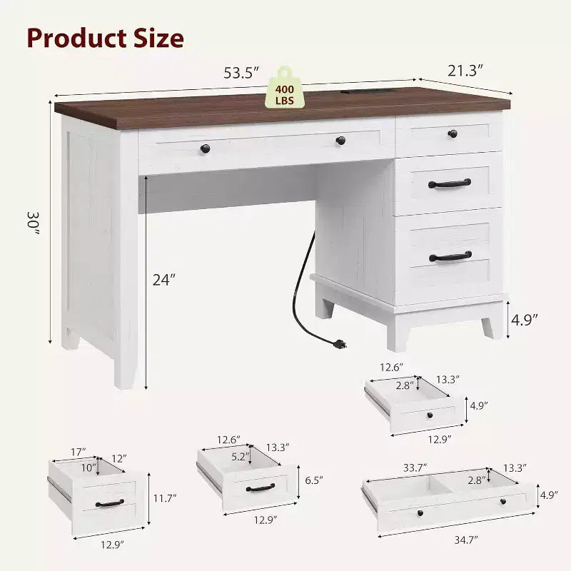 Bureau de travail style Ferme avec station de charge et classeur, 136 cm