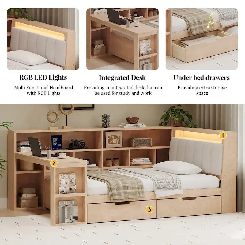 Canapé-lit en bois en L avec bureau, bibliothèque avec placard, lit d’angle avec tiroirs sous le lit, tête de lit rembourrée avec éclairage intégré