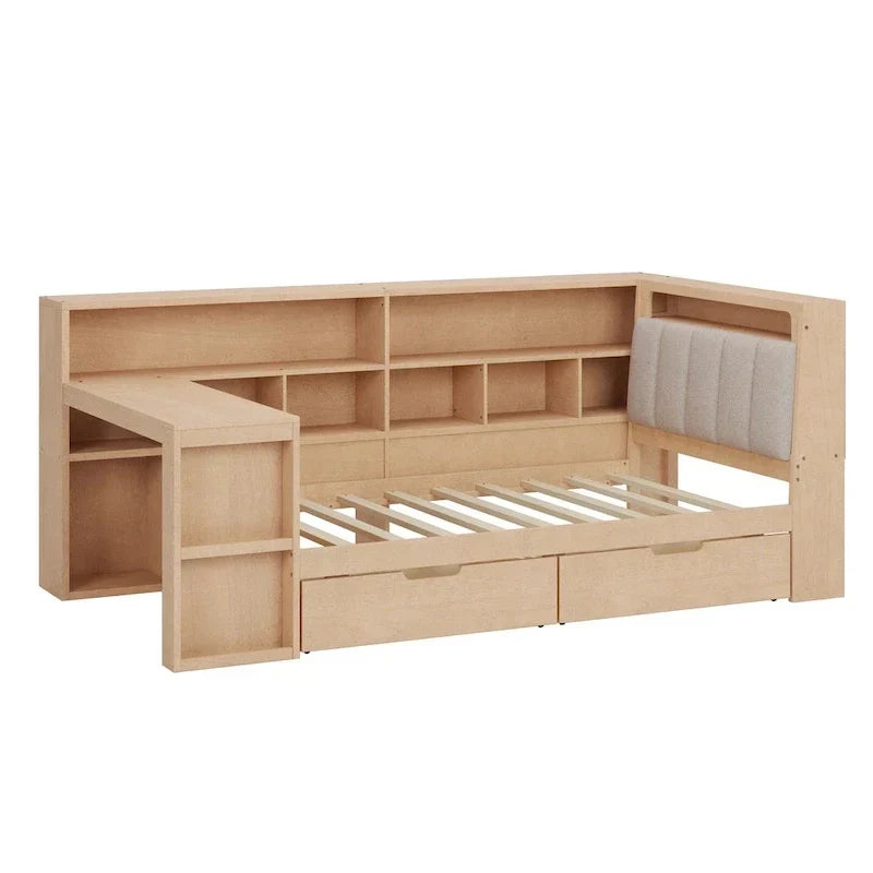 Canapé-lit en bois en L avec bureau, bibliothèque avec placard, lit d’angle avec tiroirs sous le lit, tête de lit rembourrée avec éclairage intégré