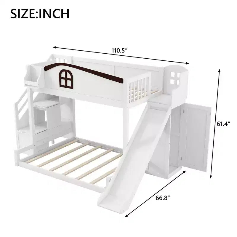 Lit superposé avec lit simple au-dessus et lit double en dessous, toboggan, étagères, escalier de rangement et armoire pour chambre d’enfant