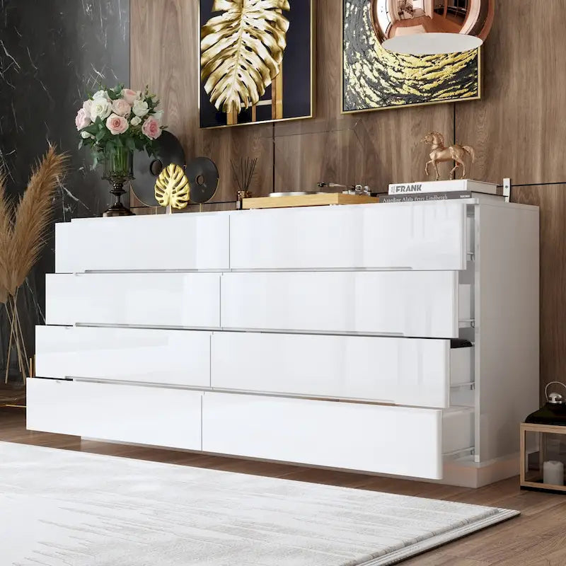 Commode 63 à finition haute brillance avec caisson éclairé à 8 tiroirs et plateau spacieux