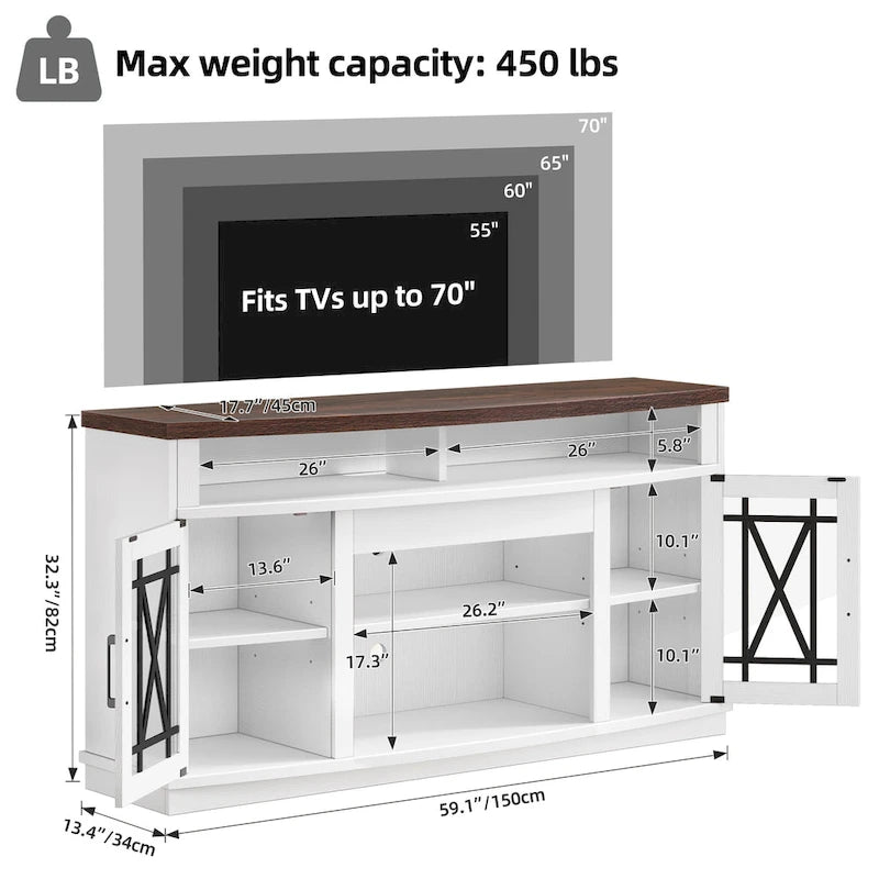 Meuble TV haut 2 portes avec lumières LED Moasis de 59 pouces pour téléviseurs jusqu'à 70 pouces